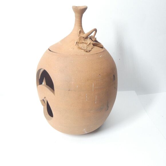 Terra Cotta Pumpkin Jack O Lantern Candle Holder Signed Clay Pottery Handmade - Picture 10 of 15